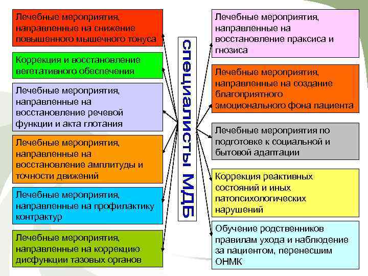 Лечебные мероприятия, направленные на снижение повышенного мышечного тонуса Коррекция и восстановление вегетативного обеспечения Лечебные