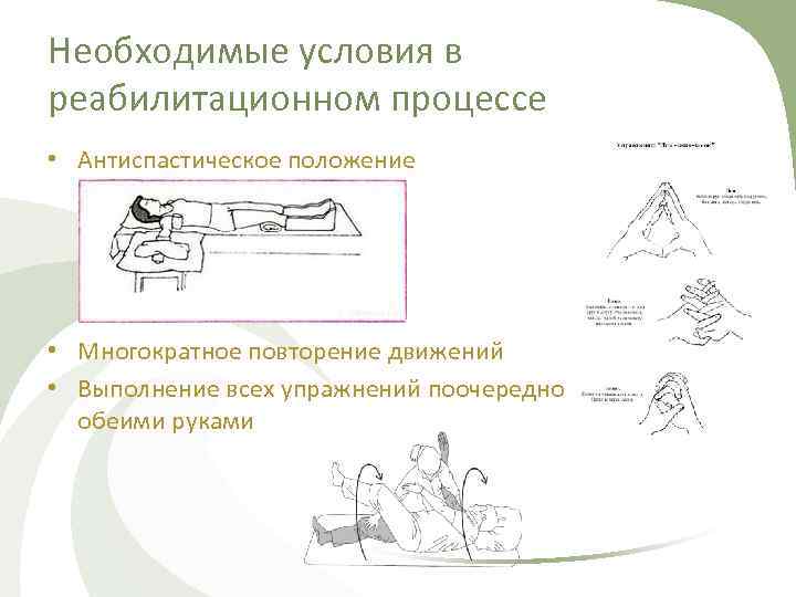Необходимые условия в реабилитационном процессе • Антиспастическое положение • Многократное повторение движений • Выполнение