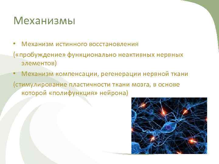 Механизмы • Механизм истинного восстановления ( «пробуждение» функционально неактивных нервных элементов) • Механизм компенсации,