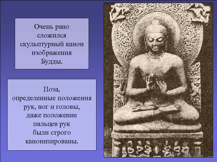 Очень рано сложился скульптурный канон изображения Будды. Поза, определенные положения рук, ног и головы,