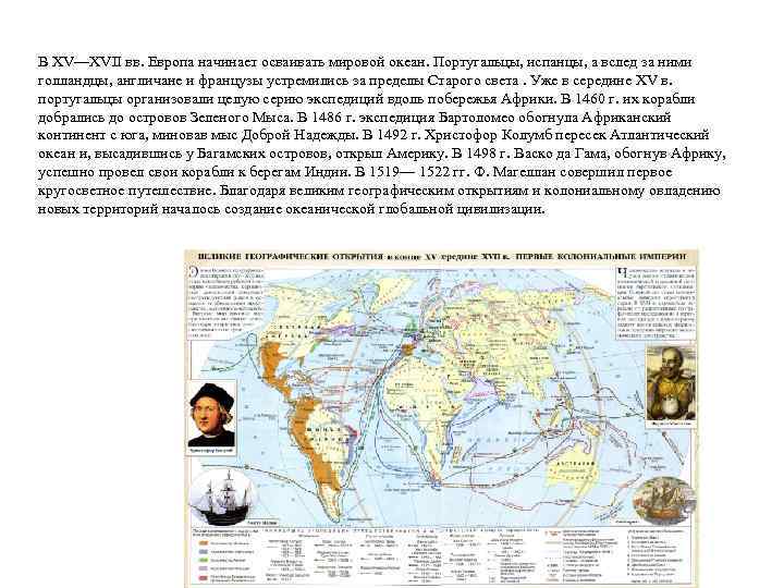 Великие географические открытия В XV—XVII вв. Европа начинает осваивать мировой океан. Португальцы, испанцы, а