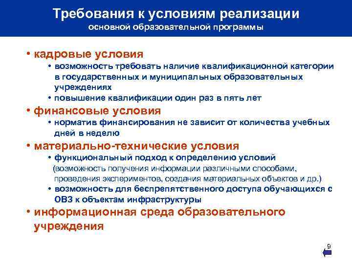 Требования к условиям реализации основной образовательной программы • кадровые условия • возможность требовать наличие