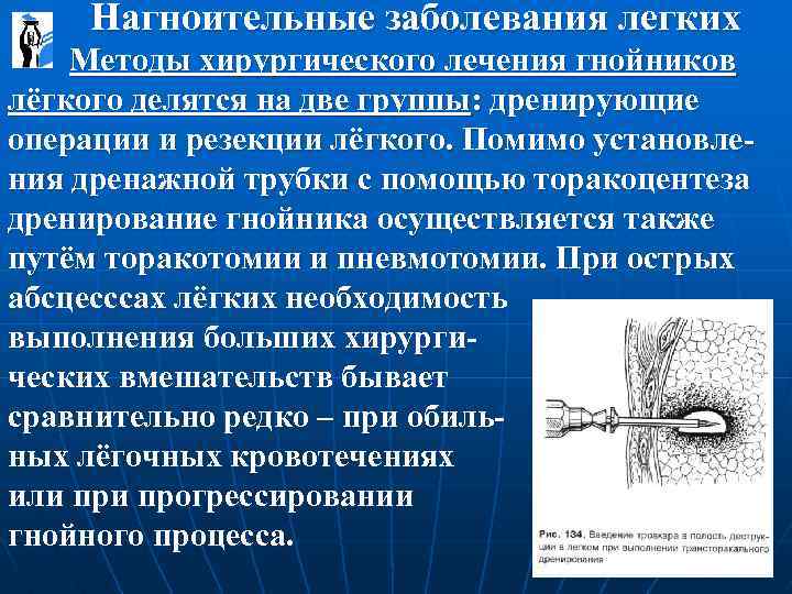  Нагноительные заболевания легких Методы хирургического лечения гнойников лёгкого делятся на две группы: дренирующие