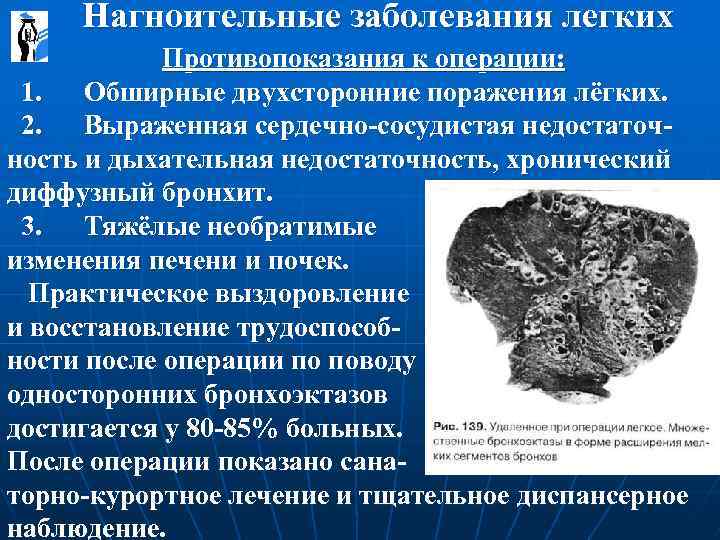  Нагноительные заболевания легких Противопоказания к операции: 1. Обширные двухсторонние поражения лёгких. 2. Выраженная