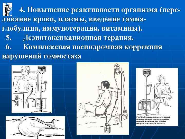  4. Повышение реактивности организма (переливание крови, плазмы, введение гаммаглобулина, иммунотерапия, витамины). 5. Дезинтоксикационная