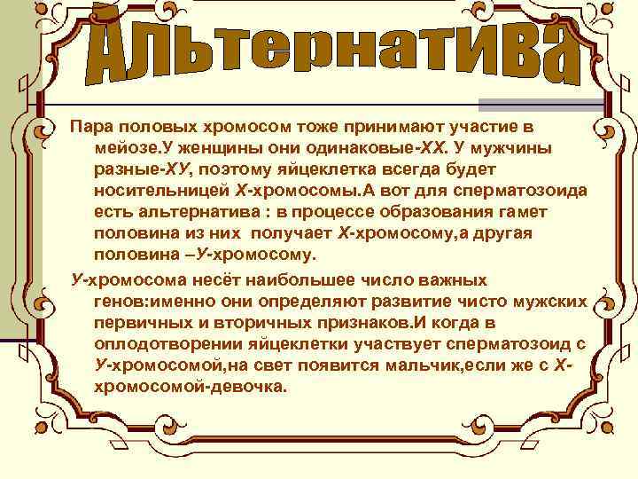 Пара половых хромосом тоже принимают участие в мейозе. У женщины они одинаковые-ХХ. У мужчины