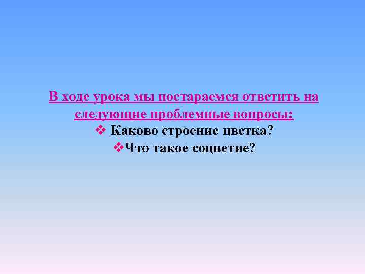 В ходе урока мы постараемся ответить на следующие проблемные вопросы: v Каково строение цветка?