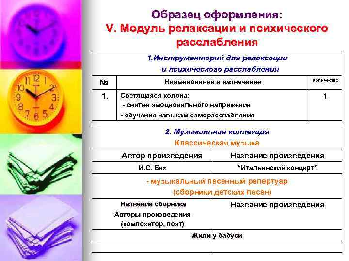 Образец оформления: V. Модуль релаксации и психического расслабления 1. Инструментарий для релаксации и психического