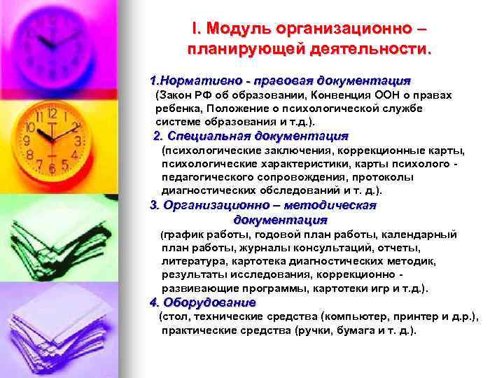 I. Модуль организационно – планирующей деятельности. 1. Нормативно - правовая документация (Закон РФ об