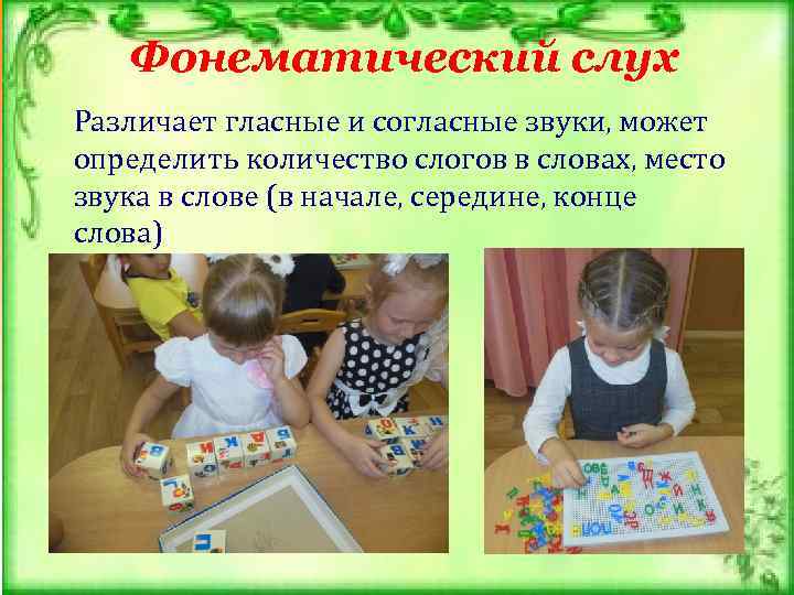 Фонематический слух Различает гласные и согласные звуки, может определить количество слогов в словах, место