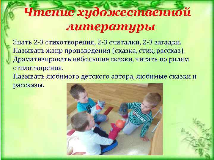 Чтение художественной литературы Знать 2 -3 стихотворения, 2 -3 считалки, 2 -3 загадки. Называть