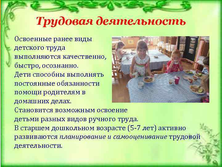 Трудовая деятельность Освоенные ранее виды детского труда выполняются качественно, быстро, осознанно. Дети способны выполнять