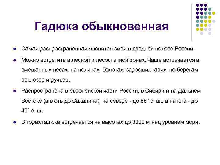 Гадюка обыкновенная l Самая распространенная ядовитая змея в средней полосе России. l Можно встретить