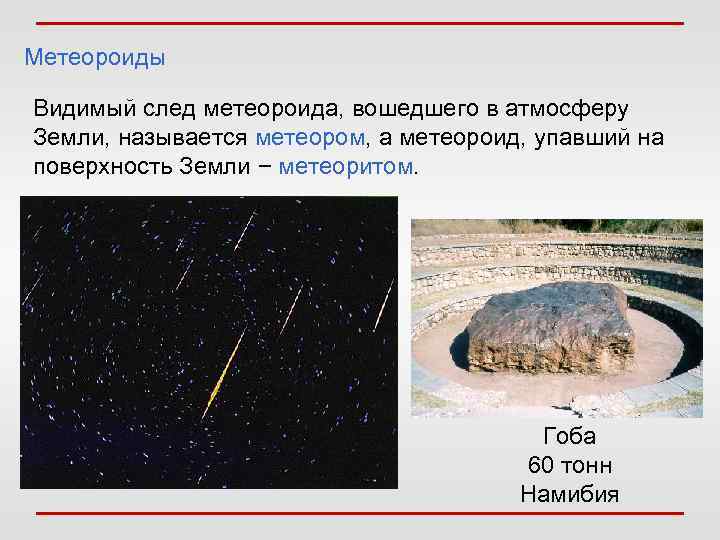 Метеороиды Видимый след метеороида, вошедшего в атмосферу Земли, называется метеором, а метеороид, упавший на