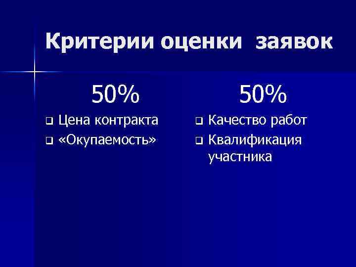 Критерии оценки заявок 50% Цена контракта q «Окупаемость» q 50% Качество работ q Квалификация