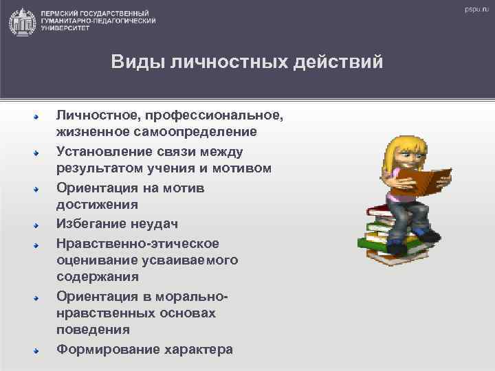 Виды личностных действий Личностное, профессиональное, жизненное самоопределение Установление связи между результатом учения и мотивом