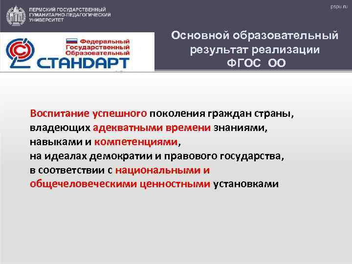 Основной образовательный результат реализации ФГОС ОО Воспитание успешного поколения граждан страны, владеющих адекватными времени