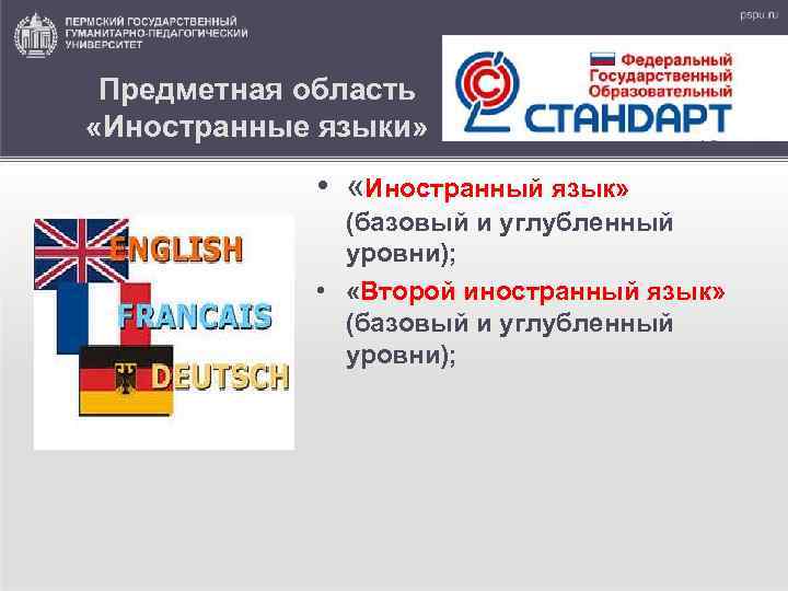 Предметная область «Иностранные языки» • «Иностранный язык» (базовый и углубленный уровни); • «Второй иностранный