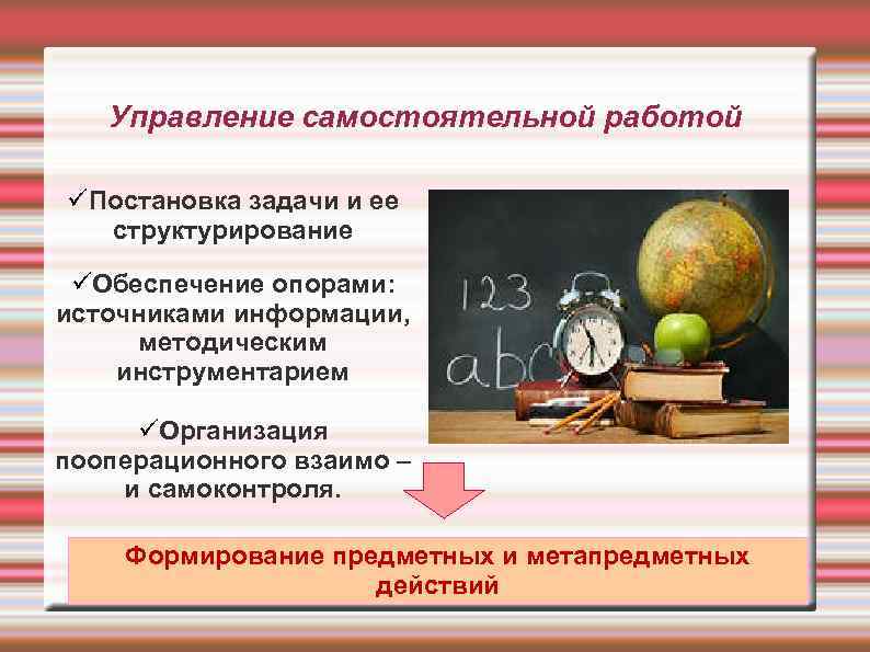 Управление самостоятельной работой üПостановка задачи и ее структурирование üОбеспечение опорами: источниками информации, методическим инструментарием