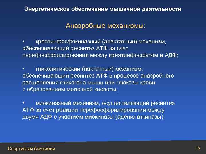 Энергетическое обеспечение мышечной деятельности Анаэробные механизмы: • креатинфосфокиназный (алактатный) механизм, обеспечивающий ресинтез АТФ за