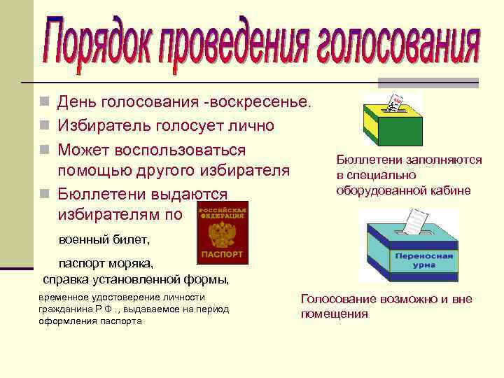 n День голосования -воскресенье. n Избиратель голосует лично n Может воспользоваться помощью другого избирателя