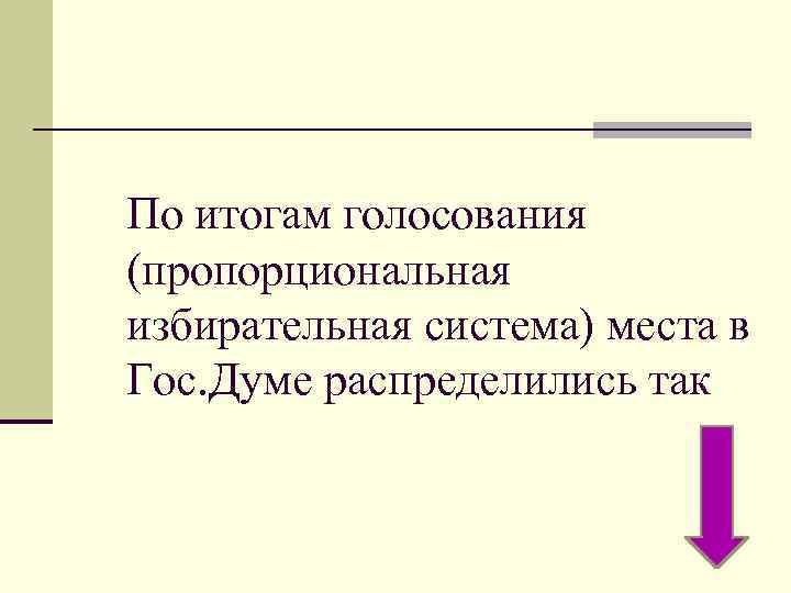 По итогам голосования (пропорциональная избирательная система) места в Гос. Думе распределились так 