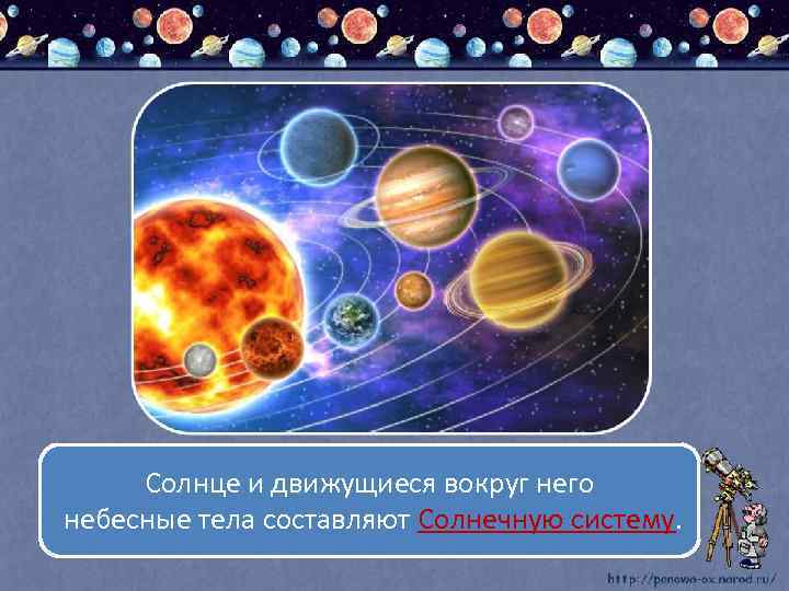 Солнце и движущиеся вокруг него небесные тела составляют Солнечную систему. 