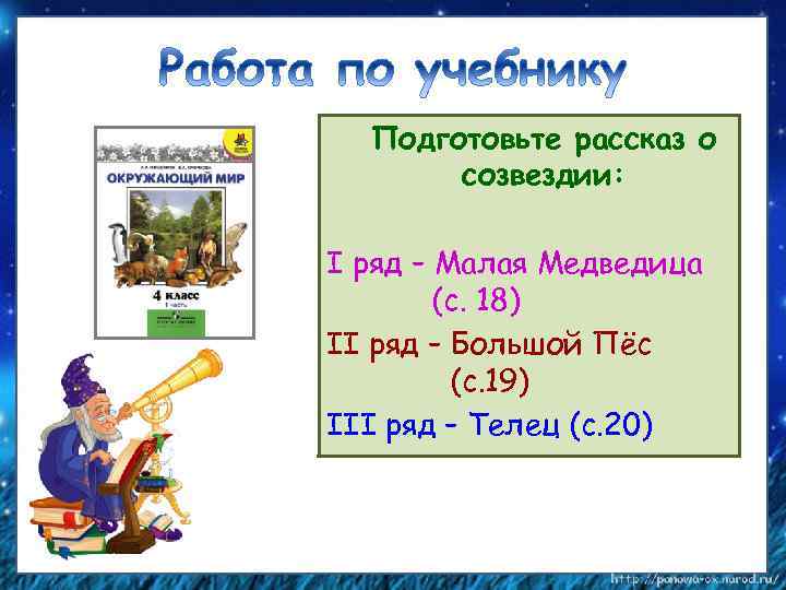 Подготовьте рассказ о созвездии: I ряд – Малая Медведица (с. 18) II ряд –