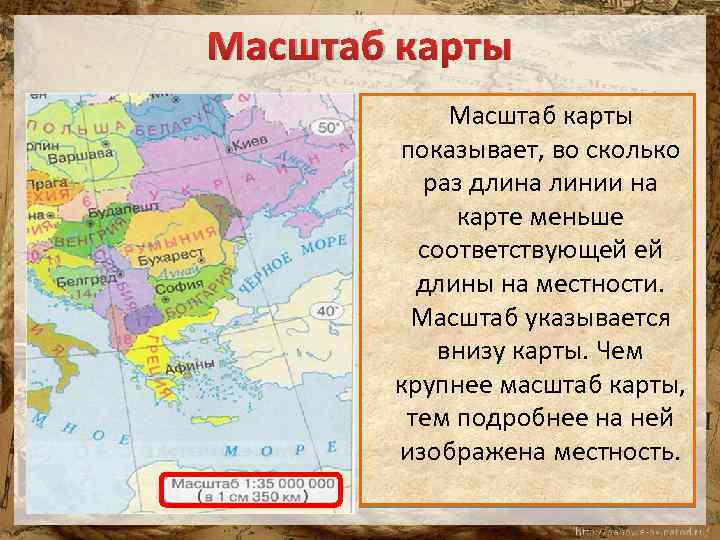 Масштаб карты показывает, во сколько раз длина линии на карте меньше соответствующей ей длины