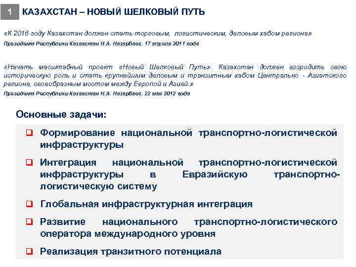 1 КАЗАХСТАН – НОВЫЙ ШЕЛКОВЫЙ ПУТЬ «К 2016 году Казахстан должен стать торговым, логистическим,