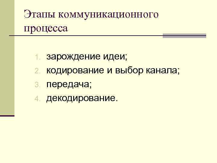 Этапы коммуникационного процесса 1. 2. 3. 4. зарождение идеи; кодирование и выбор канала; передача;