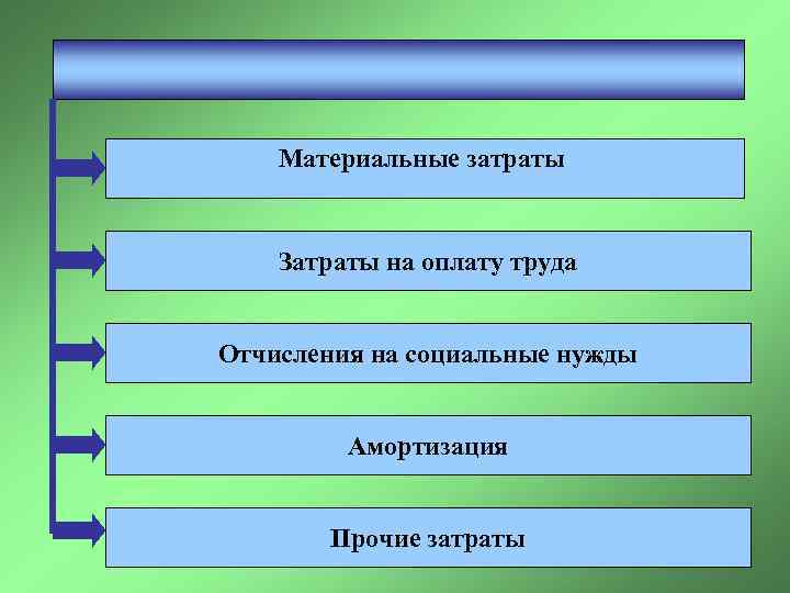Материальные затраты Затраты на оплату труда Отчисления на социальные нужды Амортизация Прочие затраты 