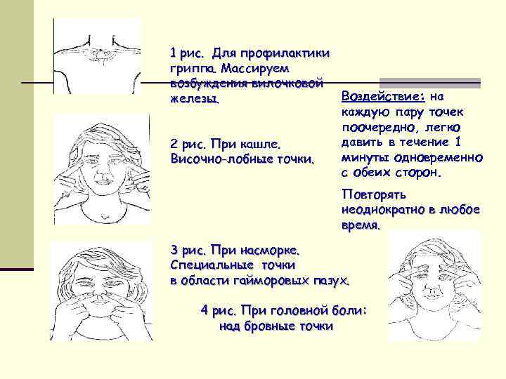 1 рис. Для профилактики гриппа. Массируем возбуждения вилочковой Воздействие: на железы. каждую пару точек