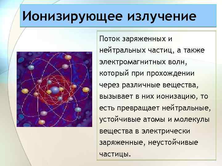 Ионизирующее излучение Поток заряженных и нейтральных частиц, а также электромагнитных волн, который при прохождении