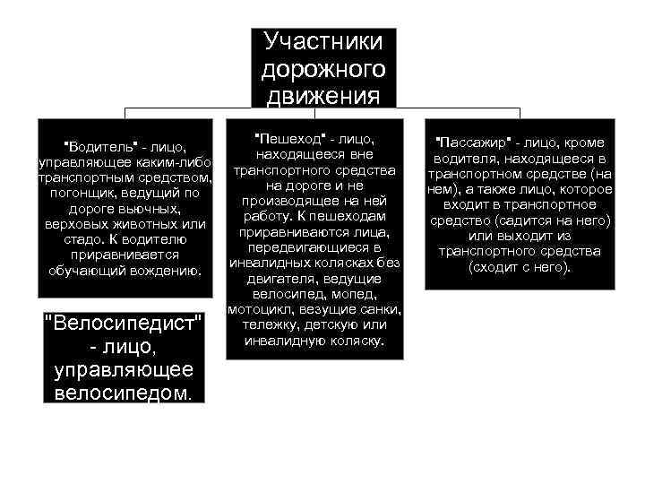 Участники дорожного движения "Пешеход" - лицо, "Водитель" - лицо, находящееся вне управляющее каким-либо транспортного