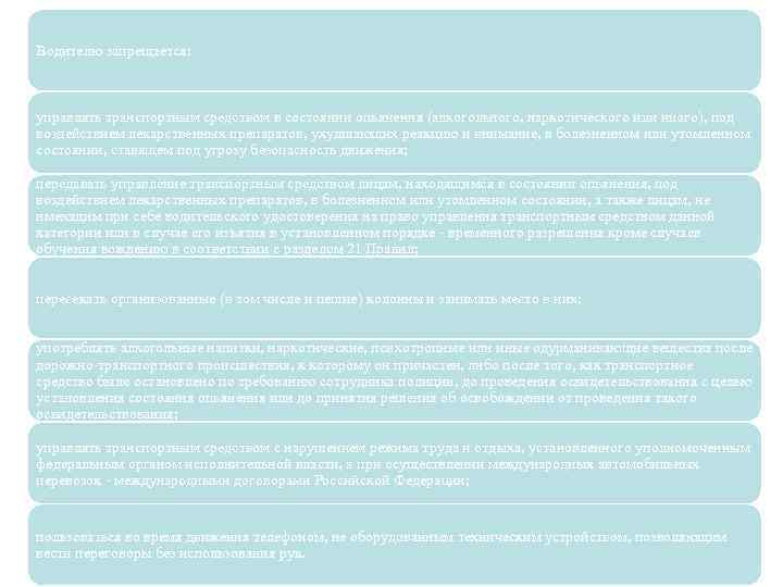 Водителю запрещается: управлять транспортным средством в состоянии опьянения (алкогольного, наркотического или иного), под воздействием