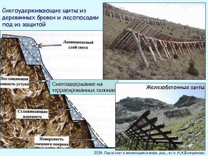 Снегоудерживающие щиты из деревянных бревен и лесопосадки под из защитой Снегозадержание на террасированных склонах