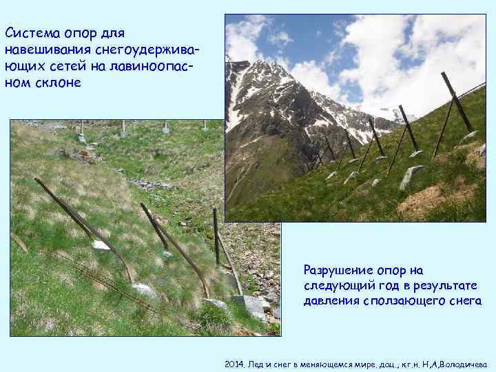 Система опор для навешивания снегоудерживающих сетей на лавиноопасном склоне Разрушение опор на следующий год
