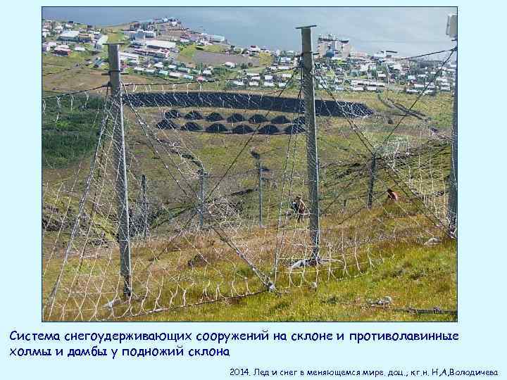 Система снегоудерживающих сооружений на склоне и противолавинные холмы и дамбы у подножий склона 2014.