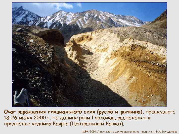 Очаг зарождения гляциального селя (русло и рытвина), прошедшего 18 -26 июля 2000 г. по