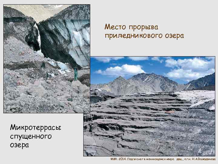 Место прорыва приледникового озера Микротеррасы спущенного озера МФК. 2014. Лед и снег в меняющемся