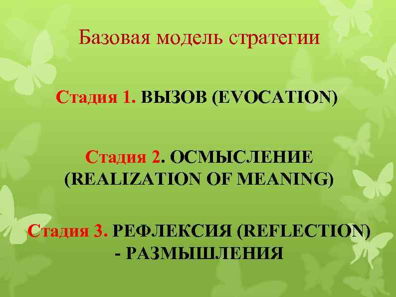Базовая модель стратегии Стадия 1. ВЫЗОВ (EVOCATION) Стадия 2. ОСМЫСЛЕНИЕ (REALIZATION OF MEANING) Стадия