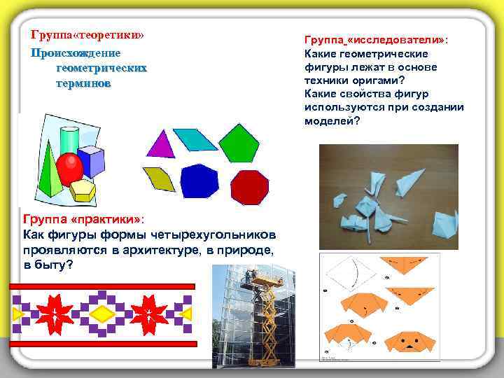 Группа «теоретики» Происхождение геометрических терминов Группа «практики» : Как фигуры формы четырехугольников проявляются в