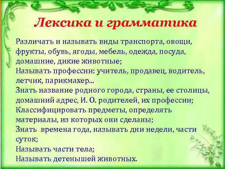  Лексика и грамматика Различать и называть виды транспорта, овощи, фрукты, обувь, ягоды, мебель,