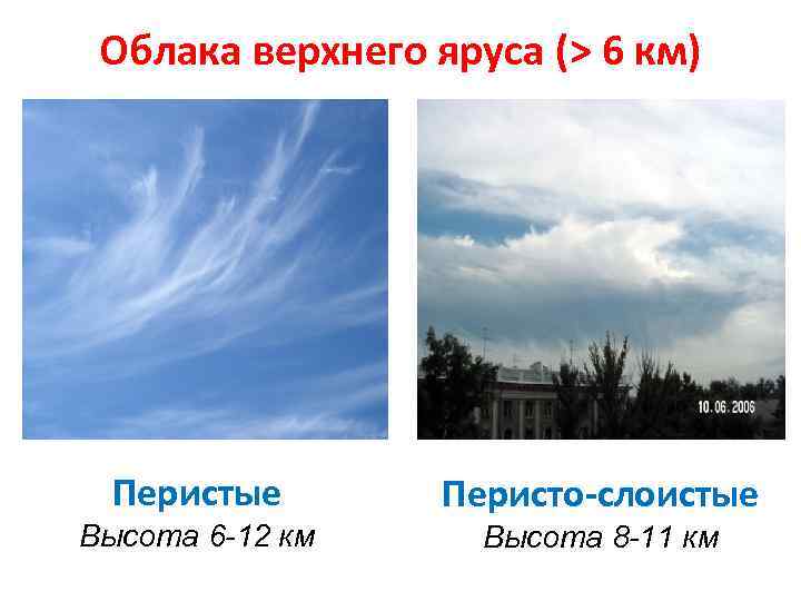 Облака верхнего яруса (> 6 км) Перистые Перисто-слоистые Высота 6 -12 км Высота 8