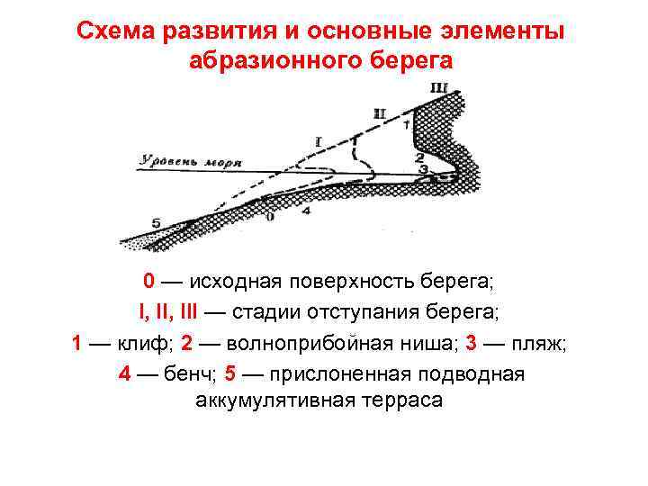 Схема развития и основные элементы абразионного берега 0 — исходная поверхность берега; I, III