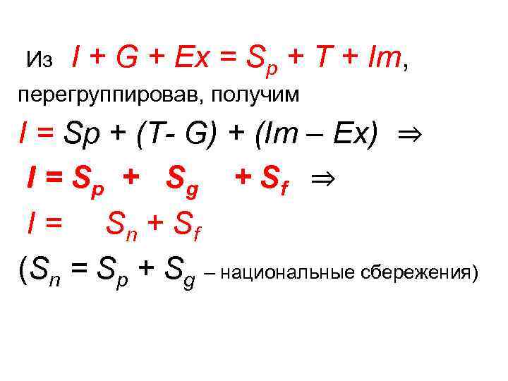  Из I + G + Ex = Sp + T + Im, перегруппировав,
