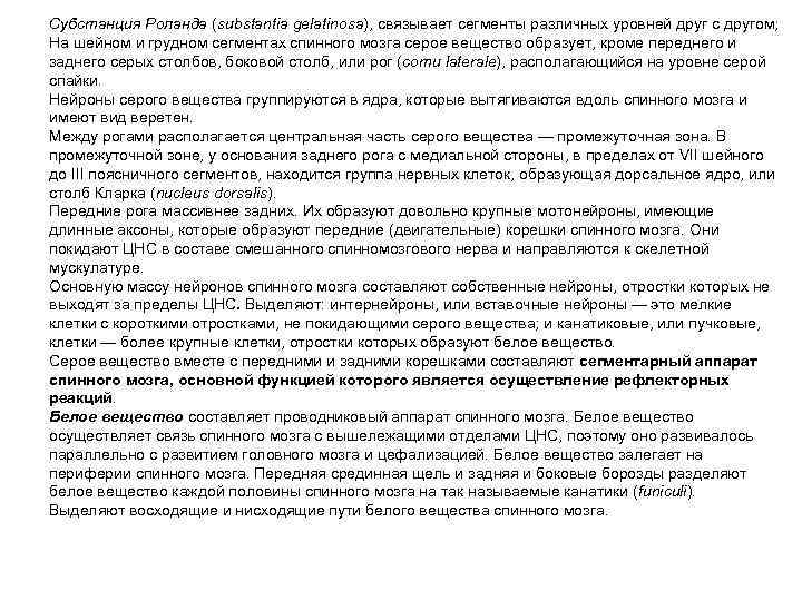 Субстанция Роланда (substantia gelatinosa), связывает сегменты различных уровней друг с другом; На шейном и