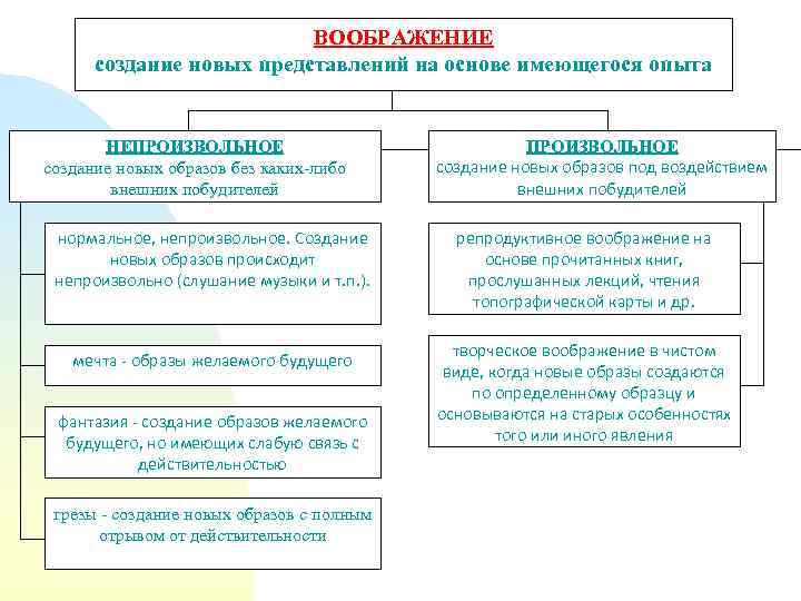 ВООБРАЖЕНИЕ создание новых представлений на основе имеющегося опыта НЕПРОИЗВОЛЬНОЕ создание новых образов без каких-либо