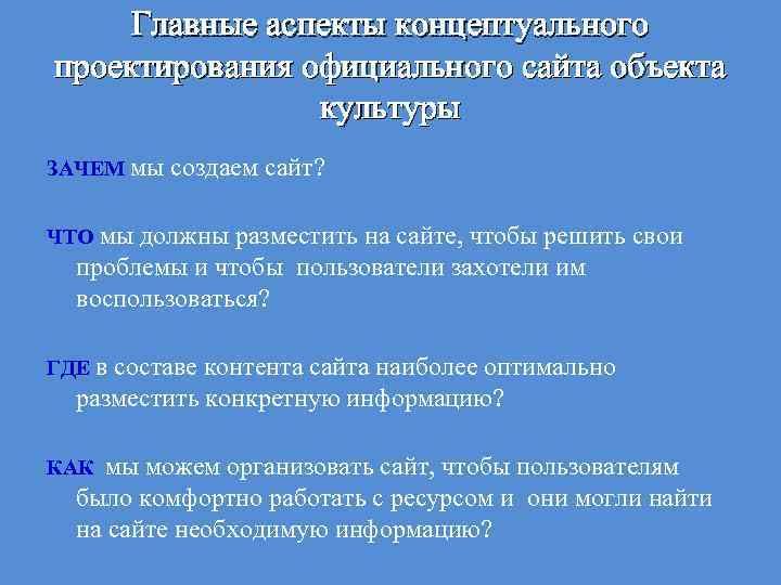 Главные аспекты концептуального проектирования официального сайта объекта культуры ЗАЧЕМ мы создаем сайт? ЧТО мы